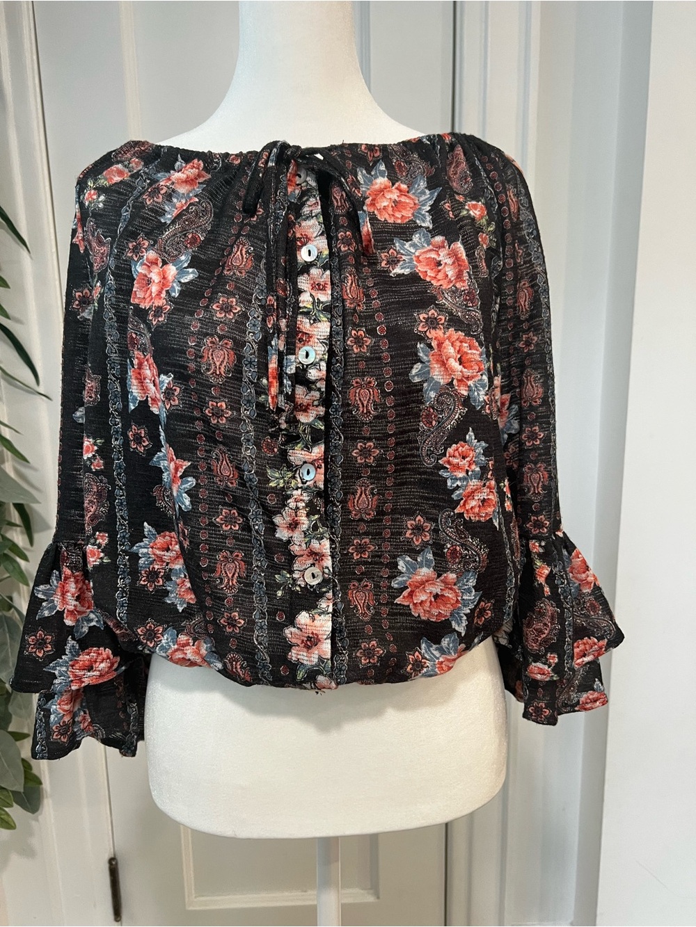 Boho Tie-Neck Floral Blouse - Black with Coral Flowers